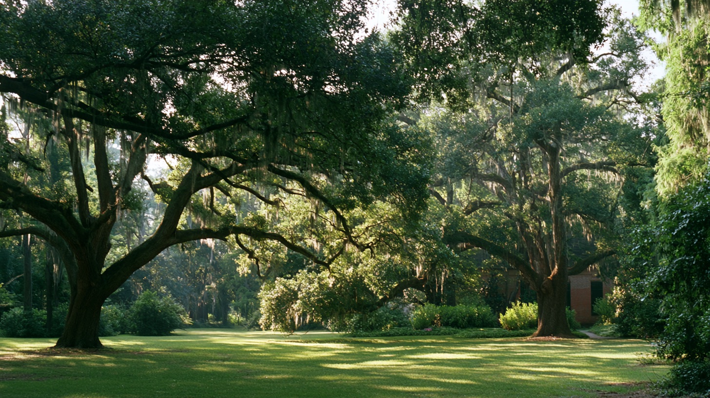 Live oaks with long spreading limbs and Spanish moss over mown grass on the Providence Church campus